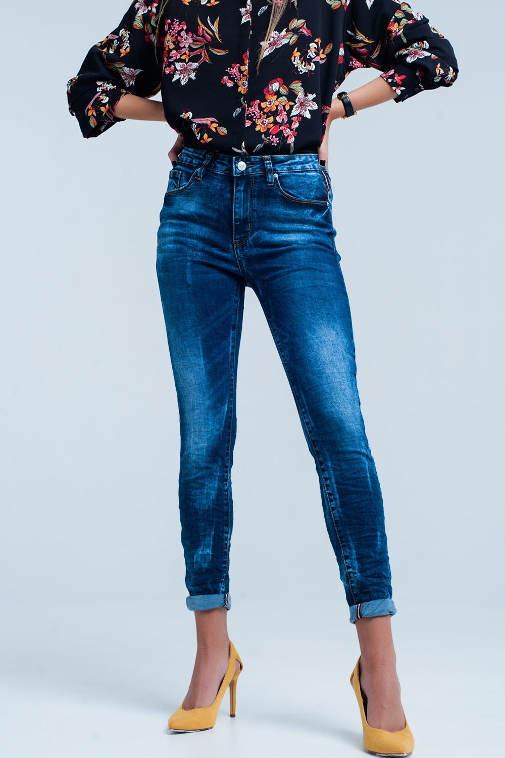 Q2 Jeans Skinny Bleu ridée taille haute