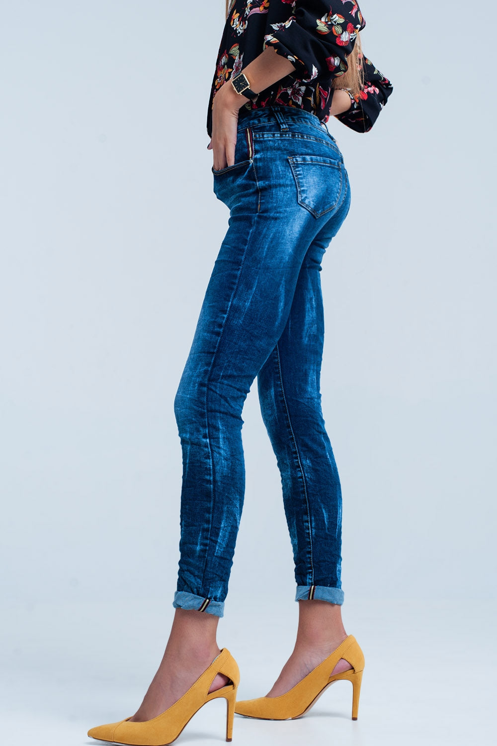 Jeans Skinny Bleu ridée taille haute