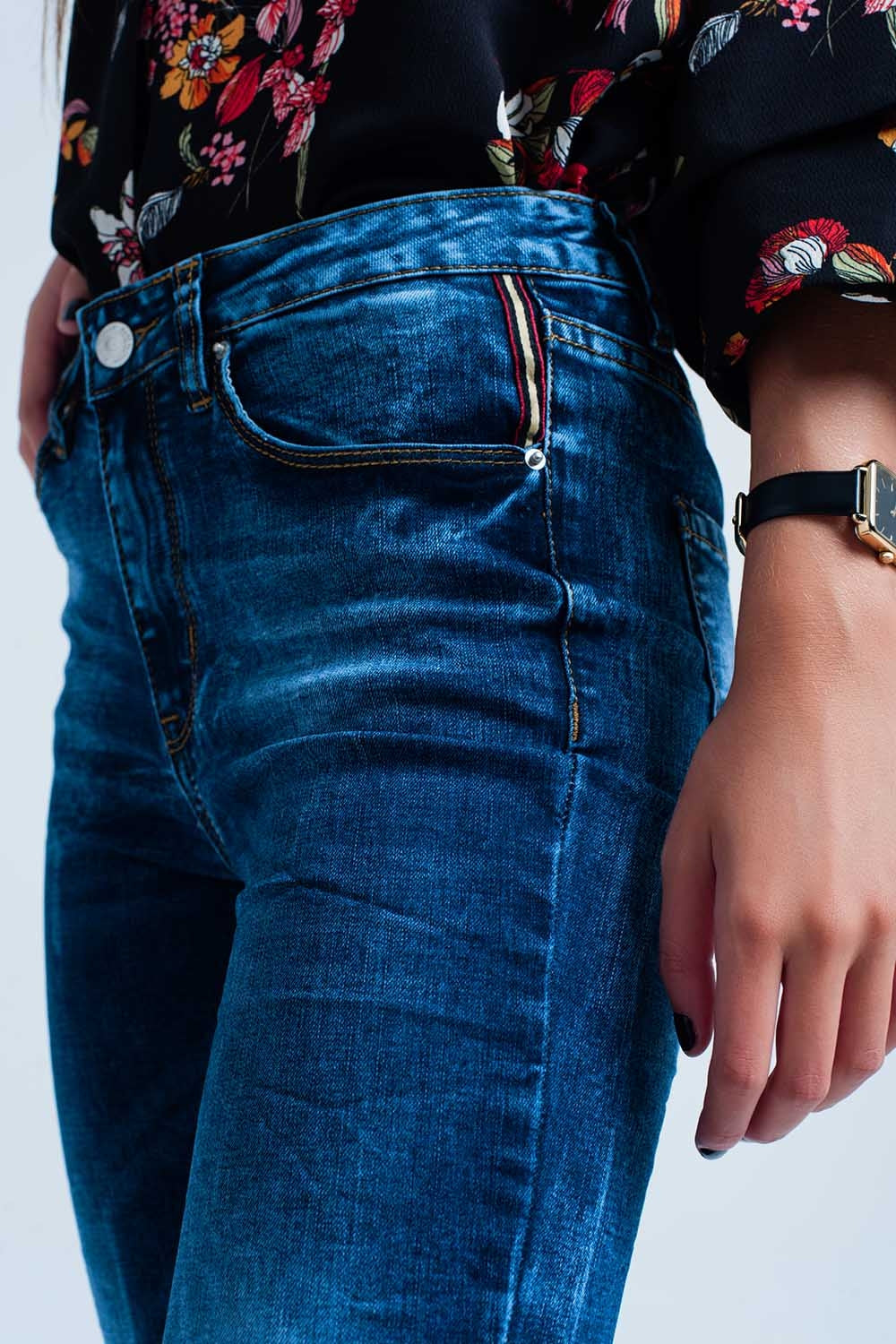 Jeans Skinny Bleu ridée taille haute