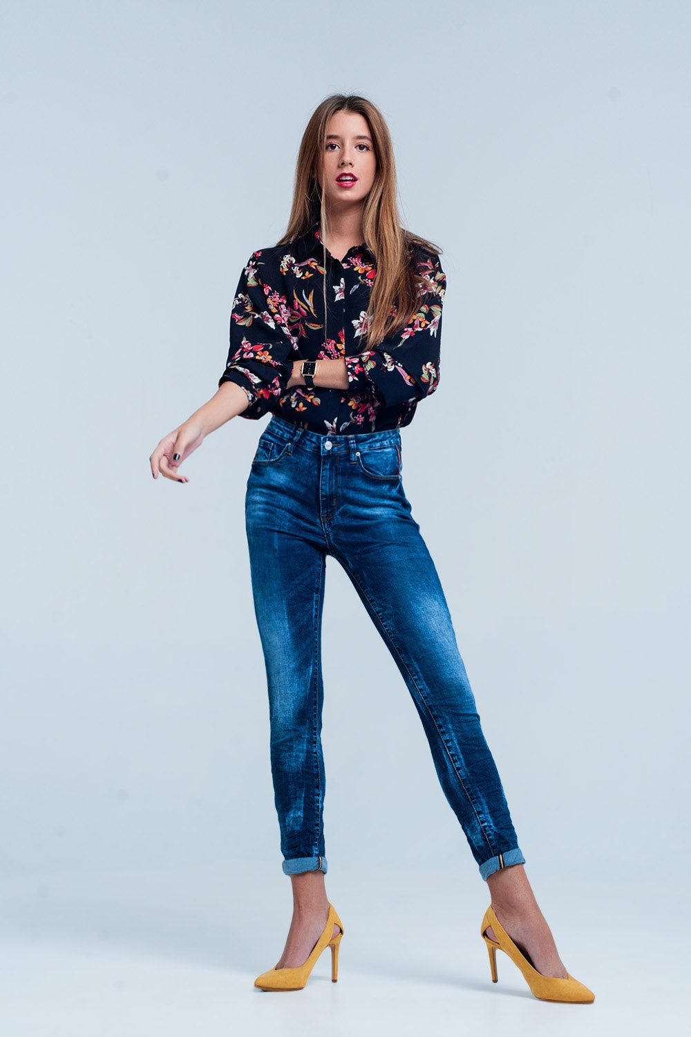 Jeans Skinny Bleu ridée taille haute