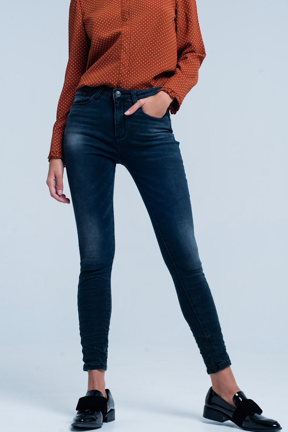 Jeans Skinny noir ridée taille haute