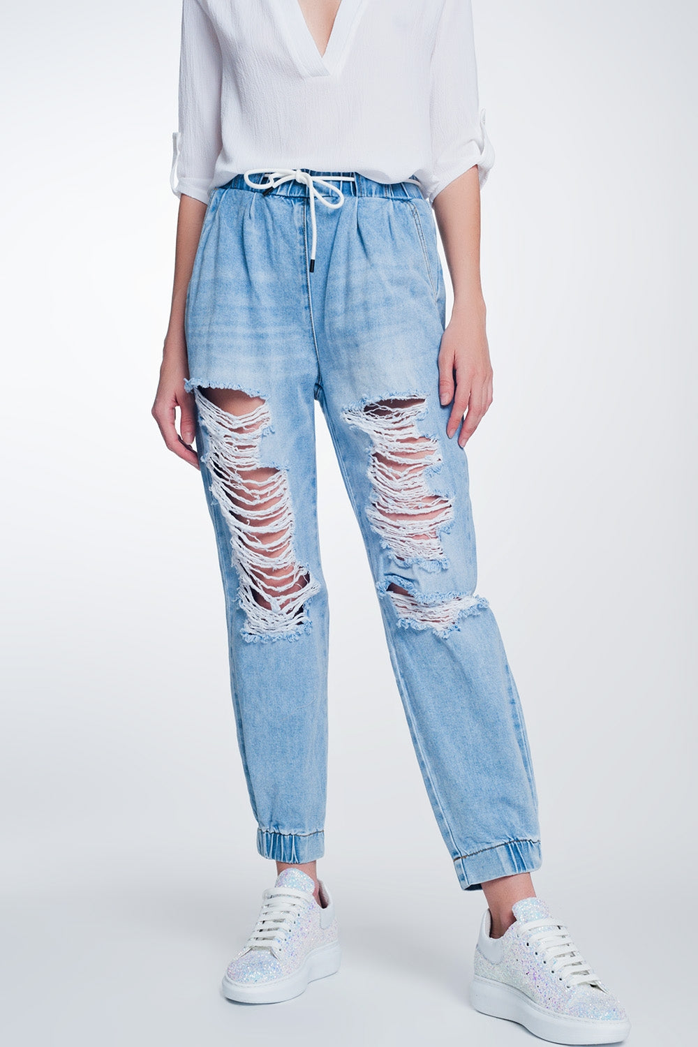 Q2 Jogger en jean déchirés bleu clair délavé