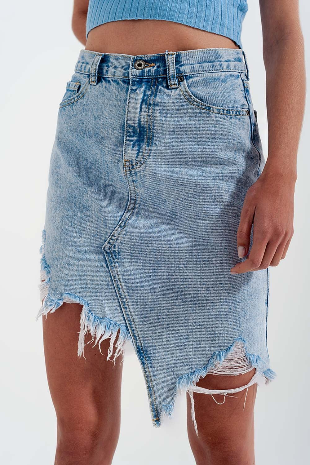 Jupe en jean effet usé à délavage clair
