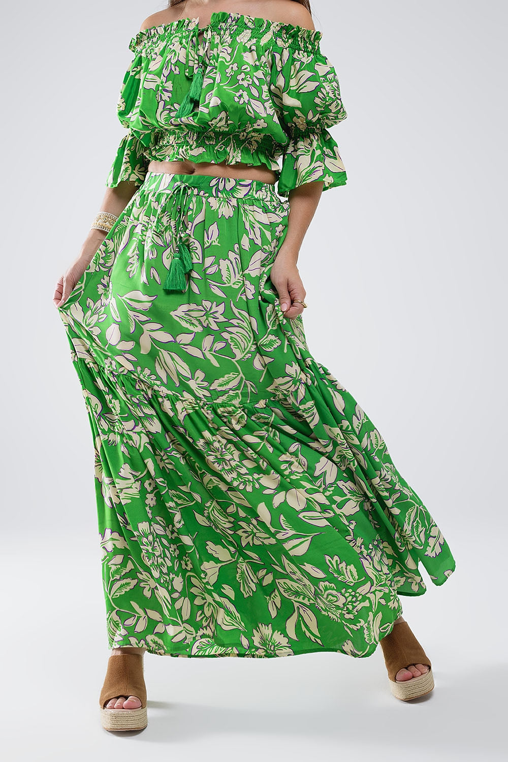 Jupe longue à pinces imprimé floral vert