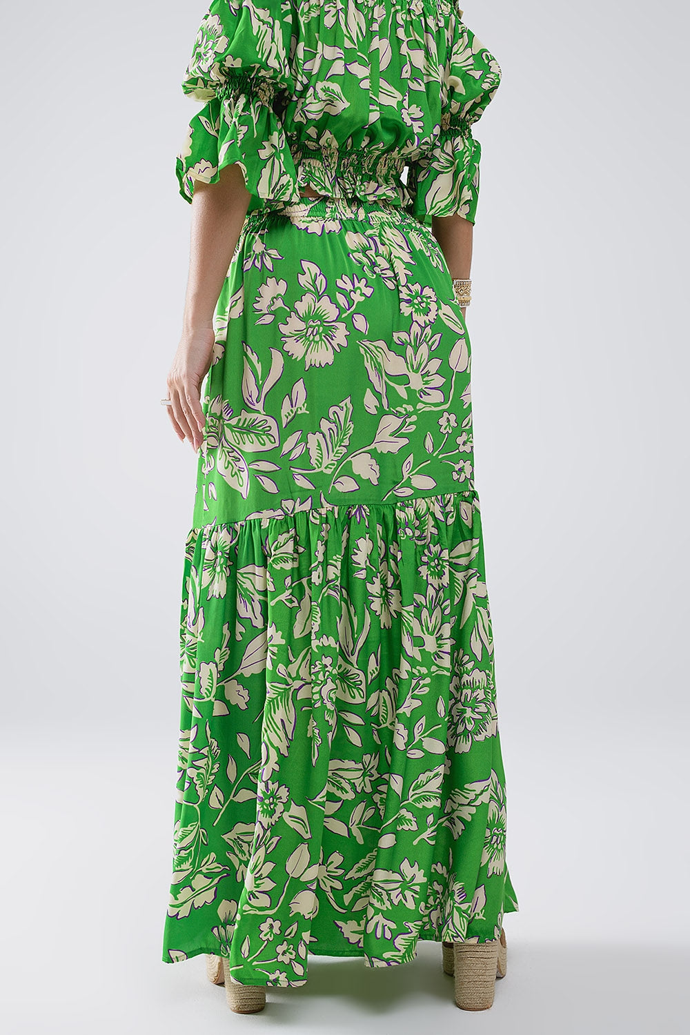 Jupe longue à pinces imprimé floral vert