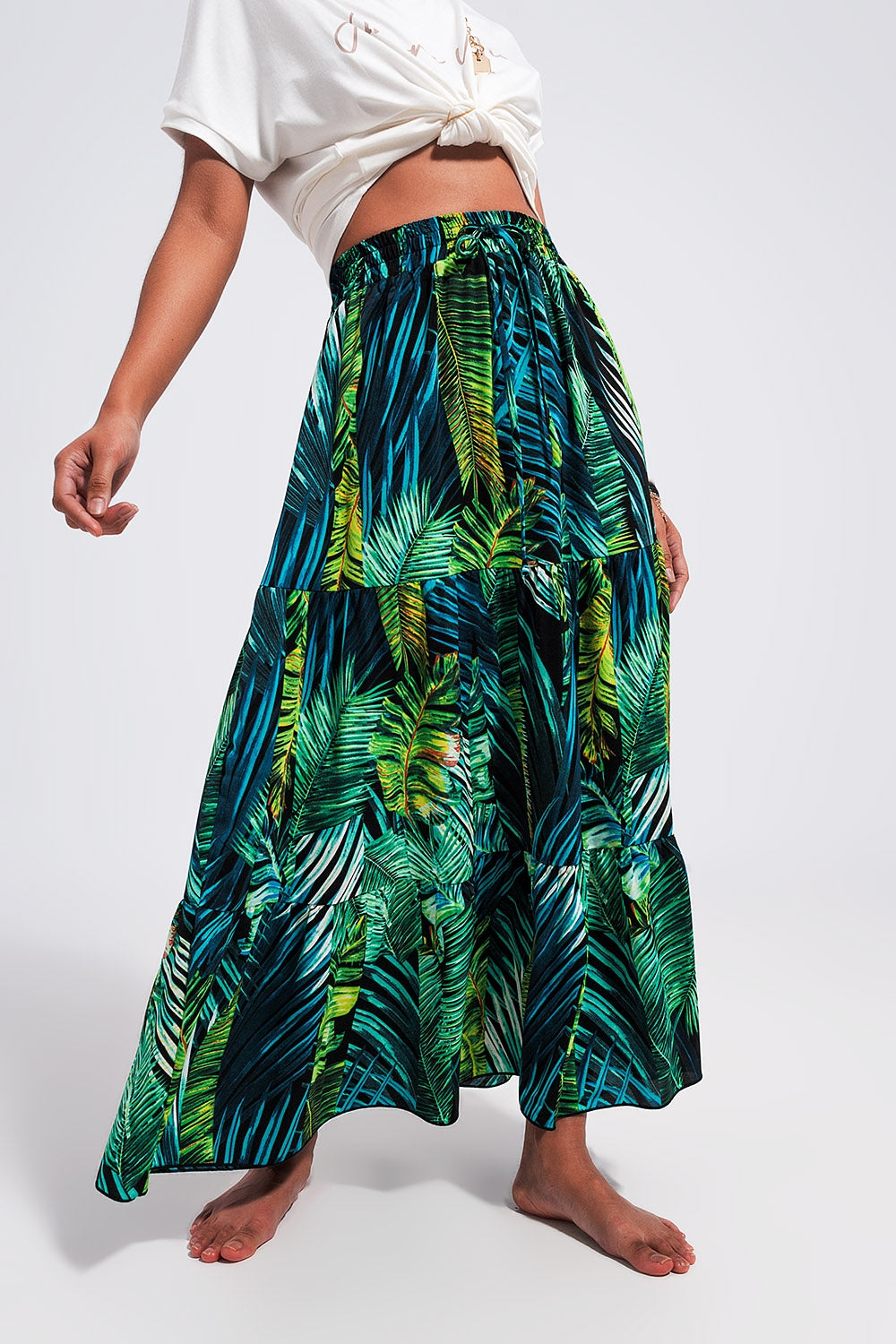 Jupe longue avec imprimé tropical Vert