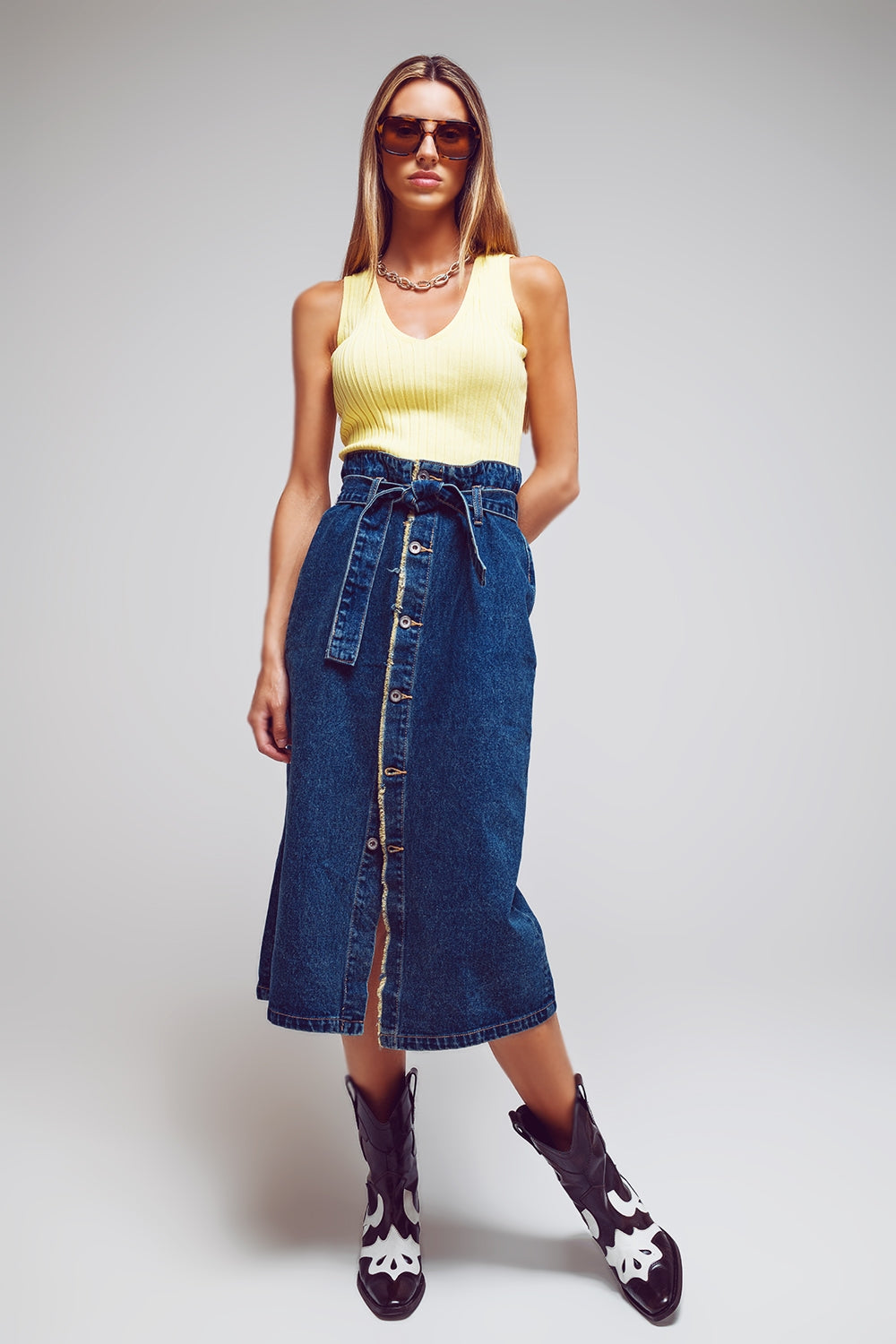 jupe longue boutonnée en jean à ceinture