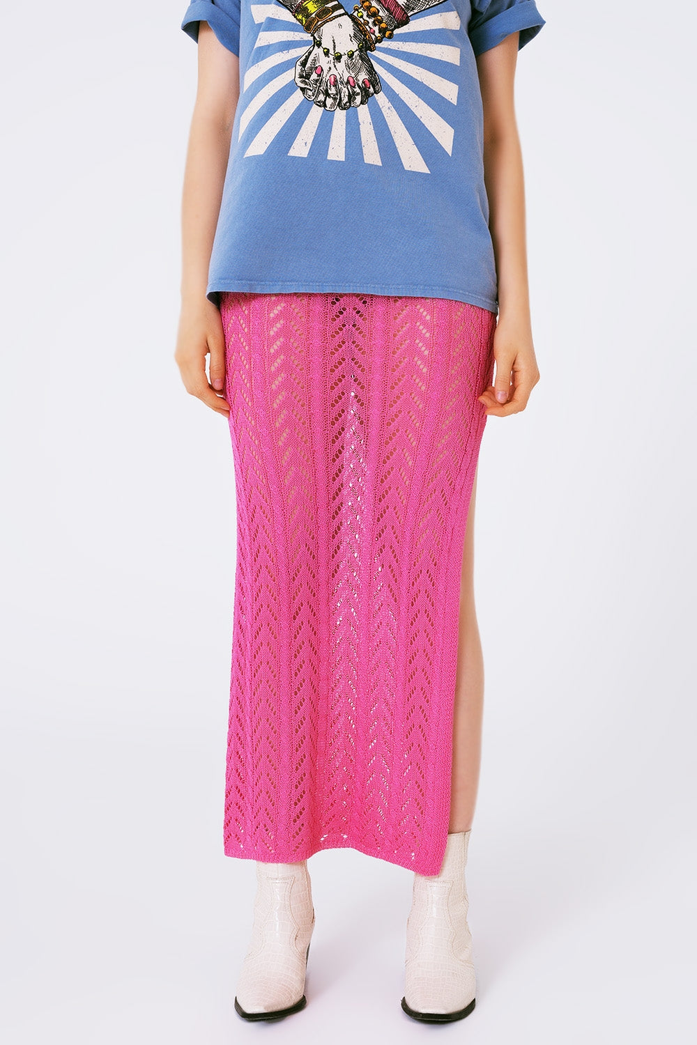Jupe longue en crochet rose