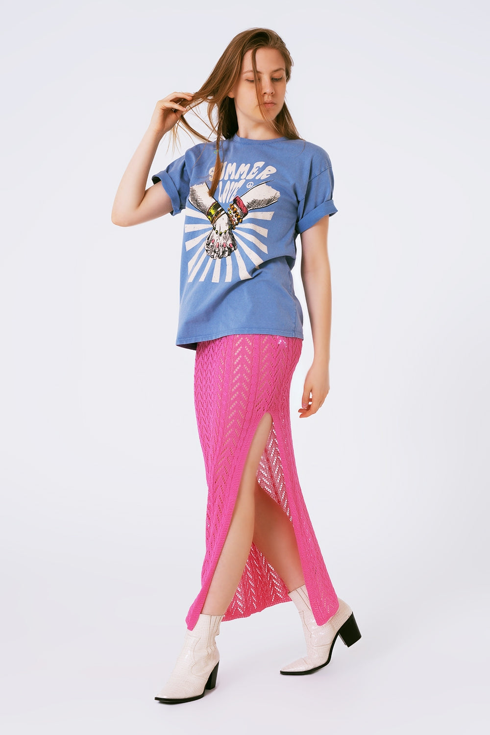 Jupe longue en crochet rose