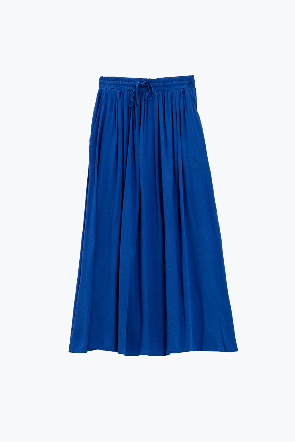 Jupe longue en tissu fluide bleu avec taille élastique