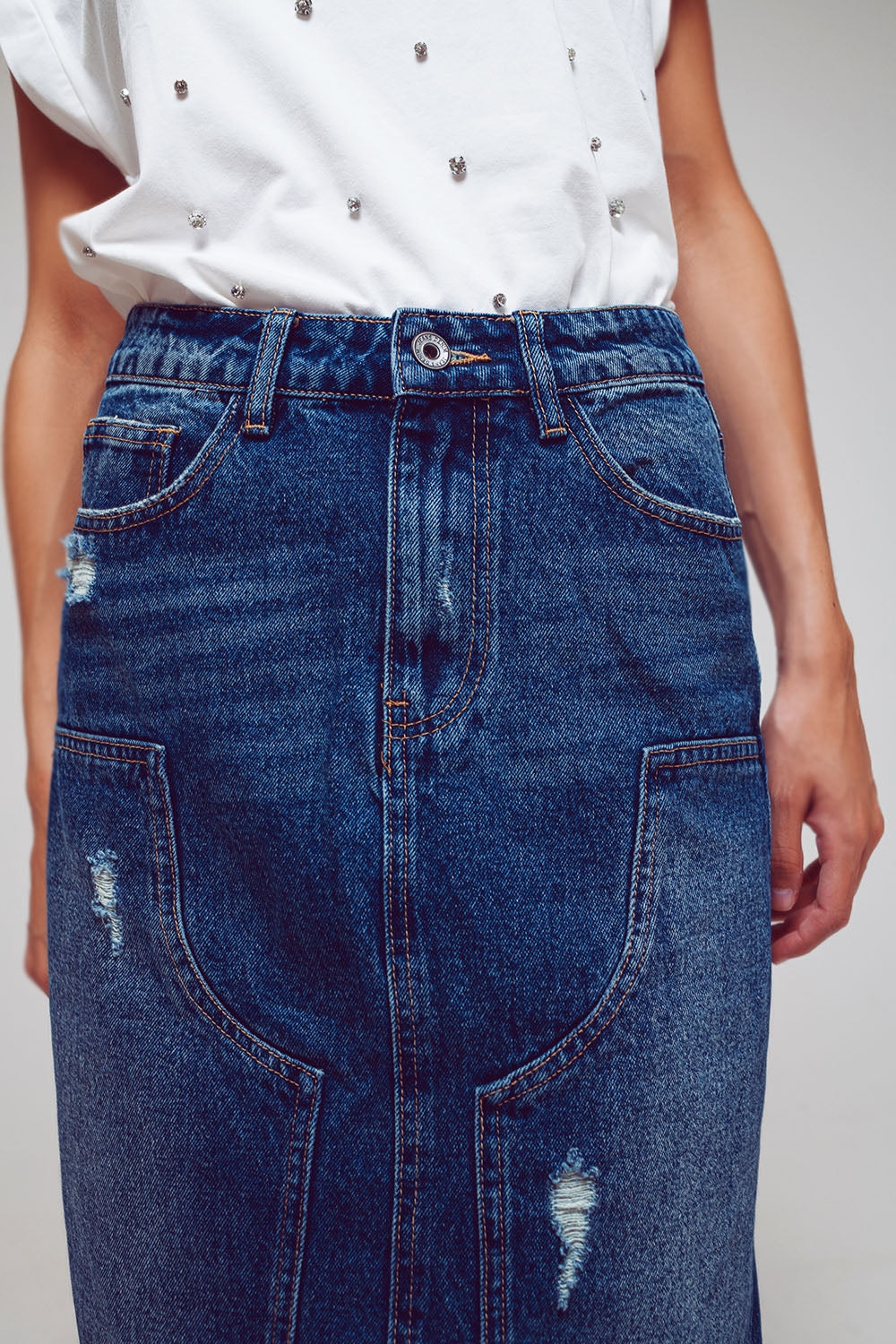 Jupe maxi crayon en denim avec détails de panneaux à l'avant