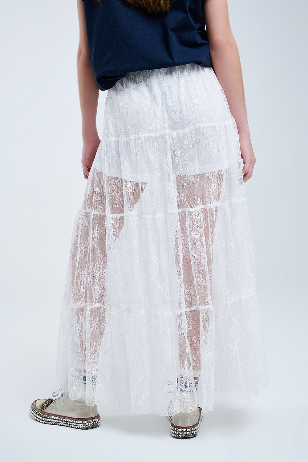 jupe maxi en dentelle blanche à imprimé floral