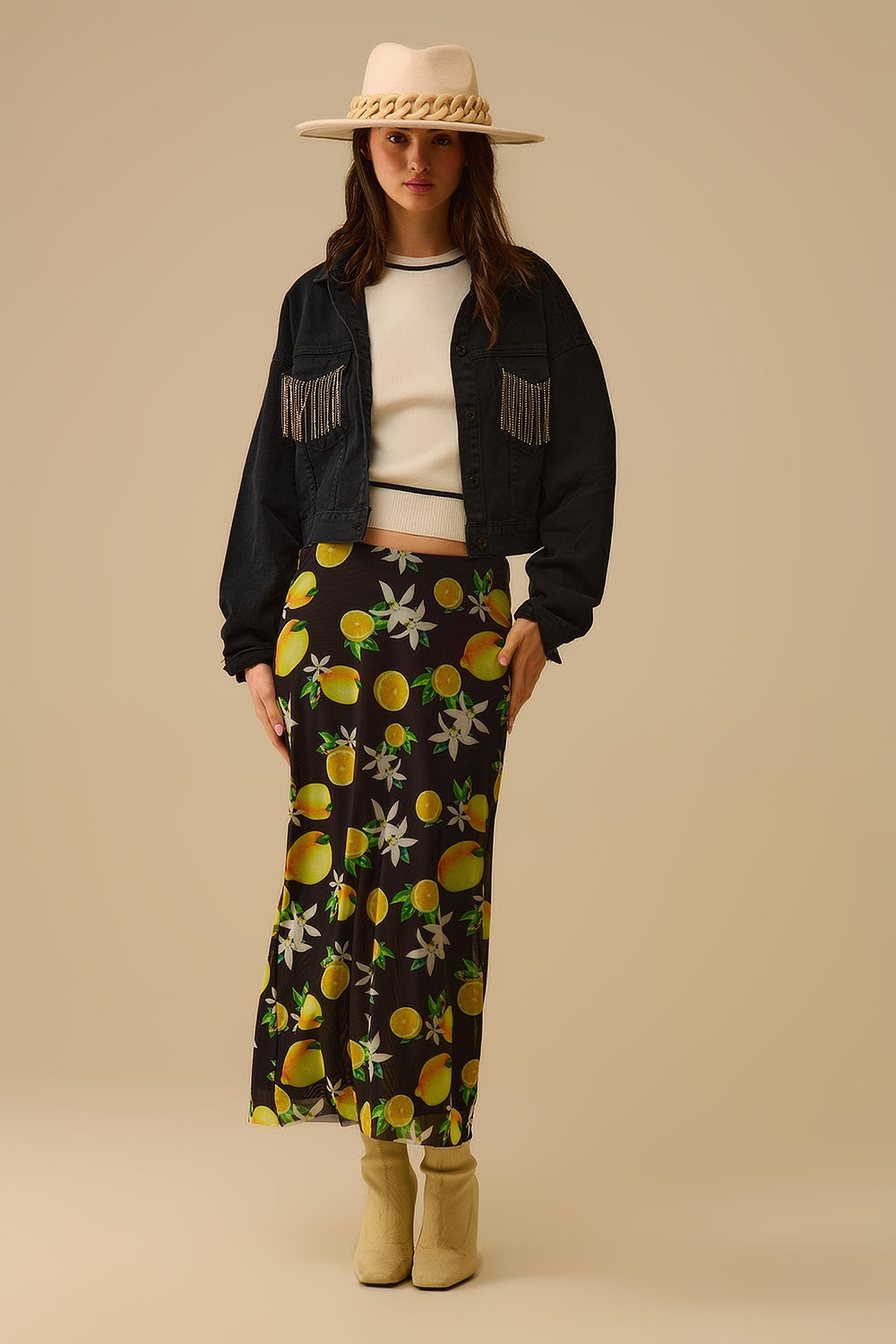 Jupe midi ajustée en maille noire avec imprimé citron