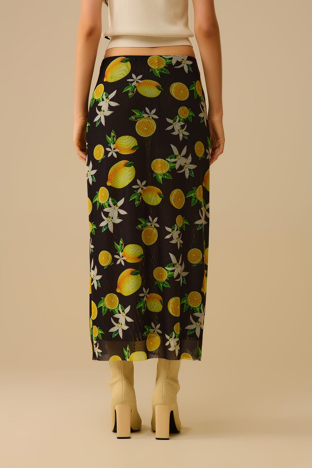 Jupe midi ajustée en maille noire avec imprimé citron