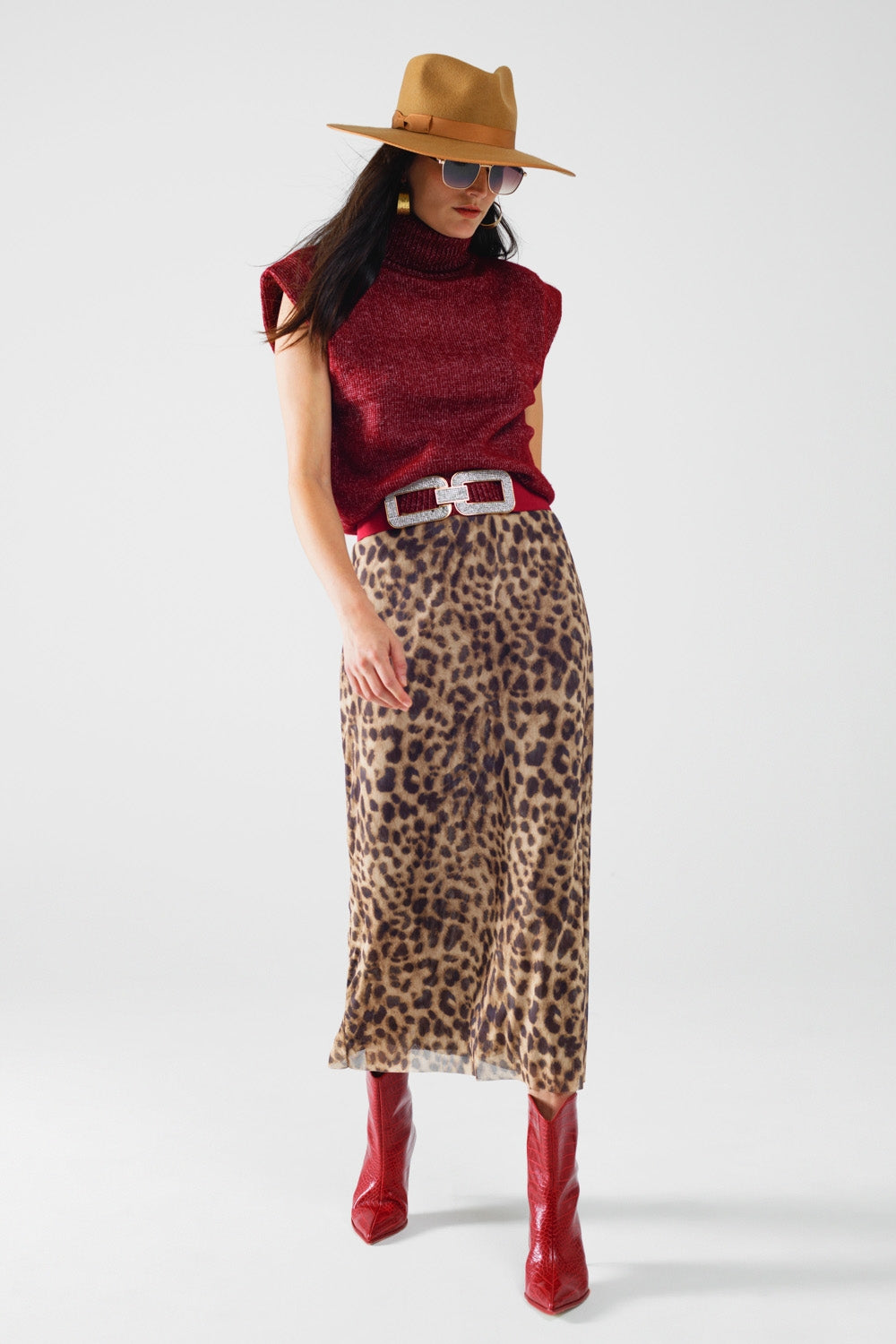 jupe midi bodycon à imprimé léopard longue et transparente