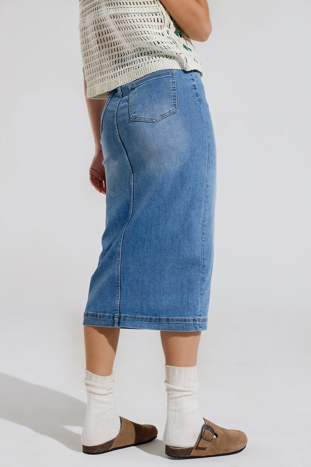 Jupe midi en denim extensible avec fente sur le devant