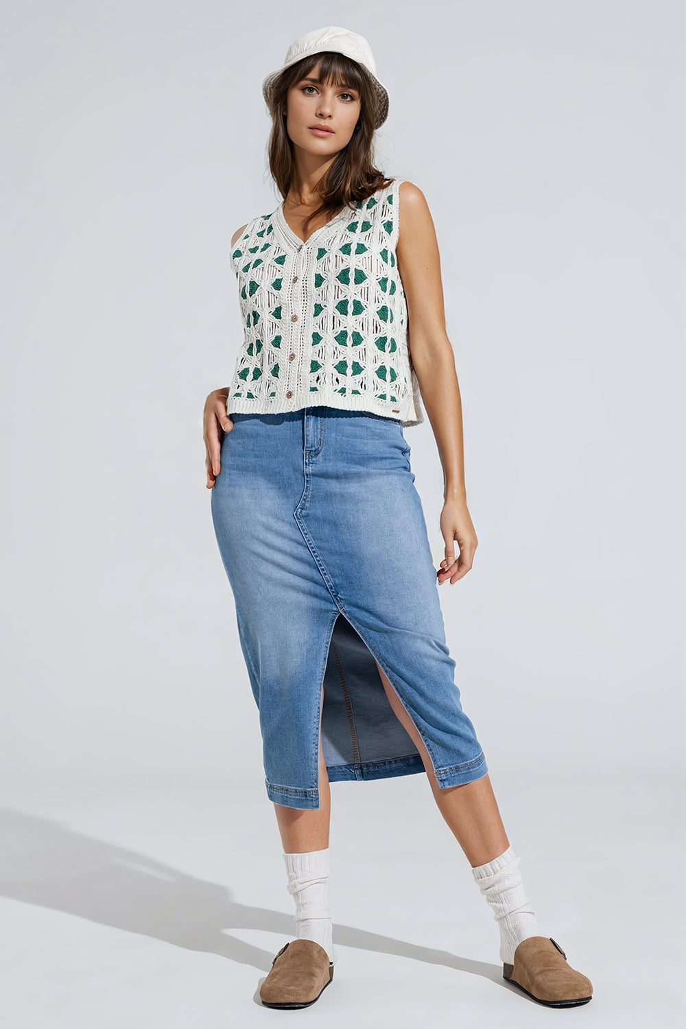 Jupe midi en denim extensible avec fente sur le devant
