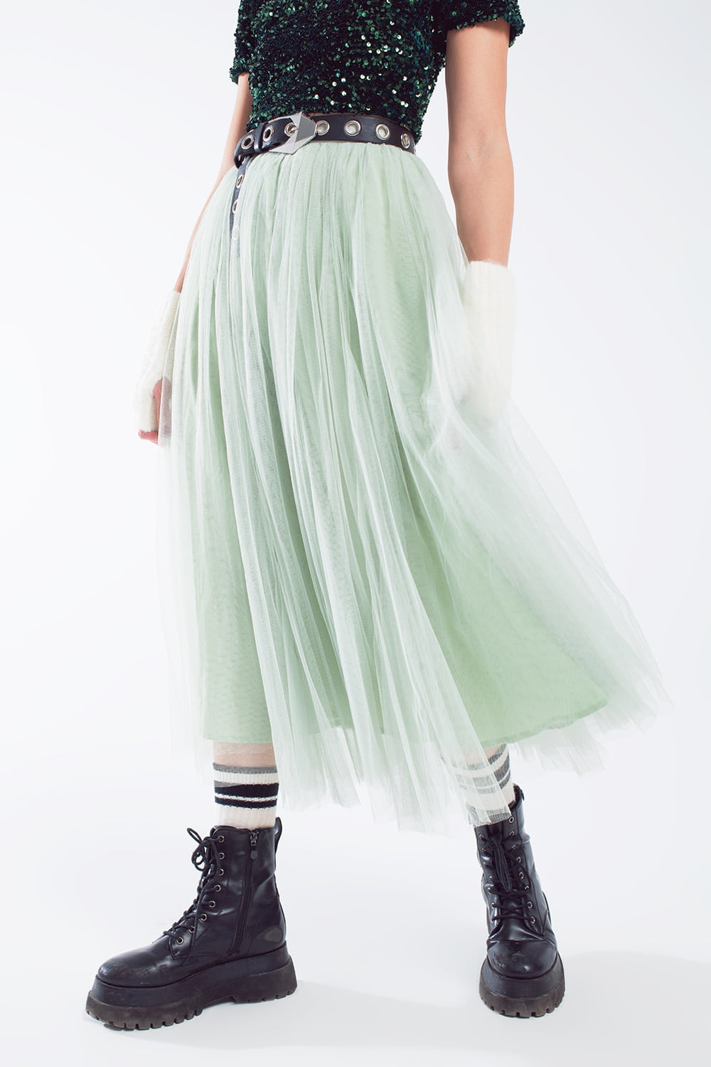Jupe midi en tulle vert avec taille élastique