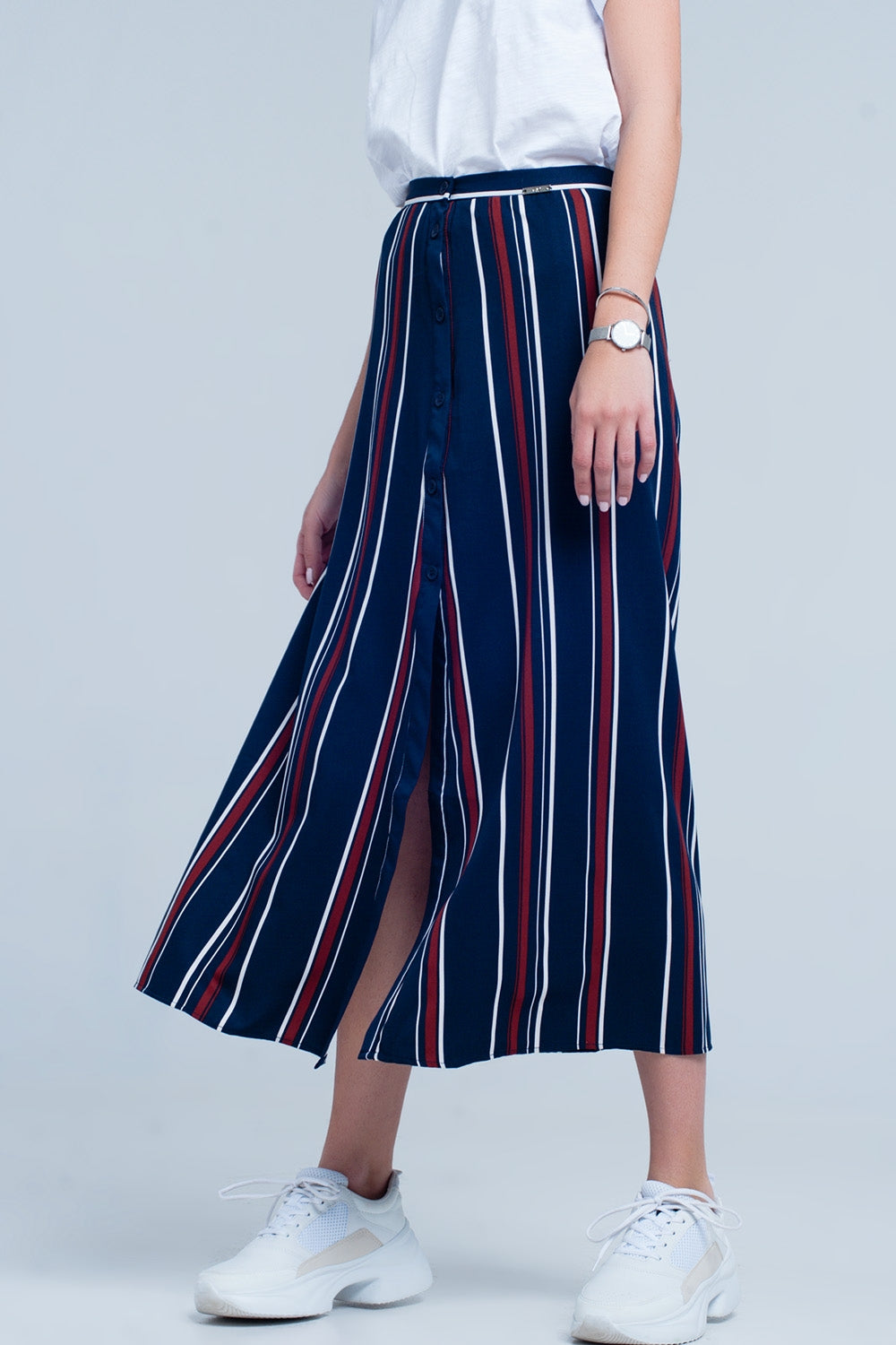 Jupe midi rayée bleu marine