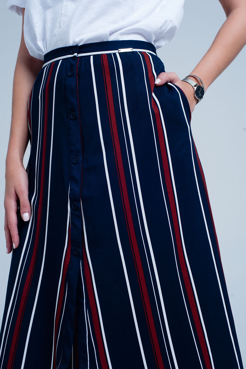 Jupe midi rayée bleu marine
