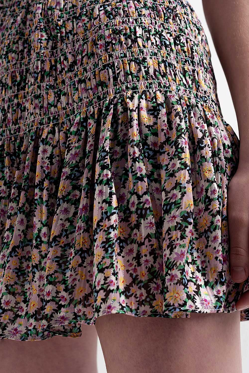 Jupe patineuse d'ensemble froncée à petites fleurs Noir