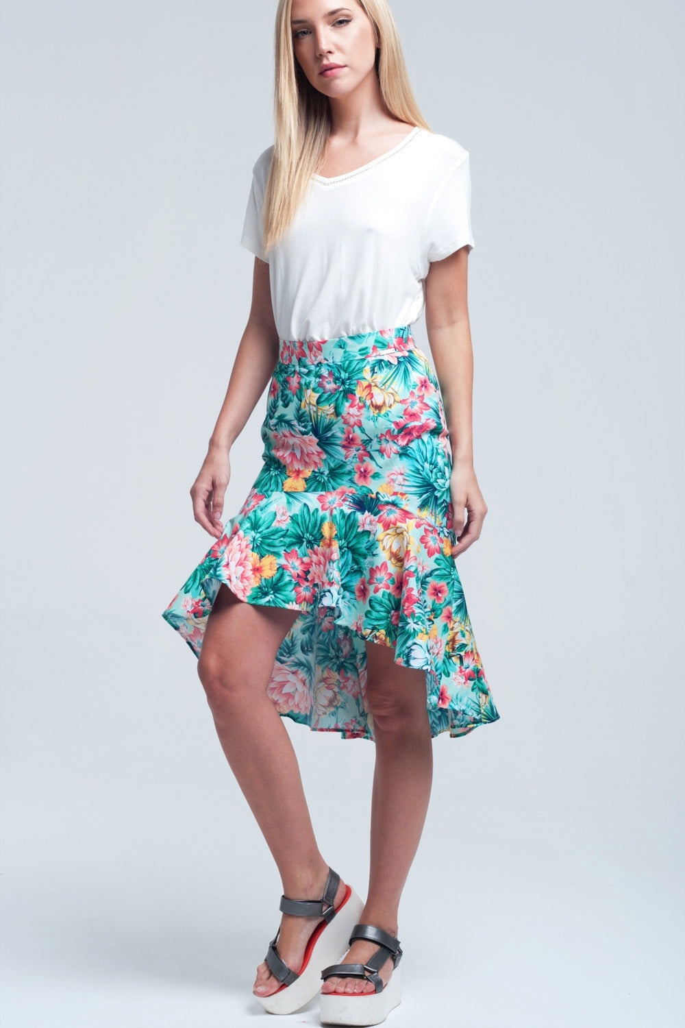 Q2 Jupe verte asymétrique imprimé floral