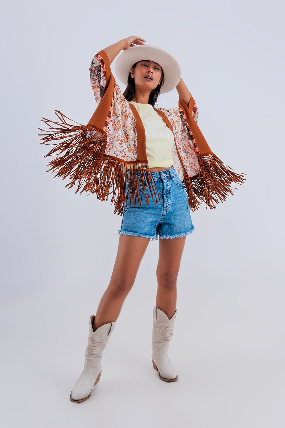 Kimono à imprimé avec ourlet à franges marron