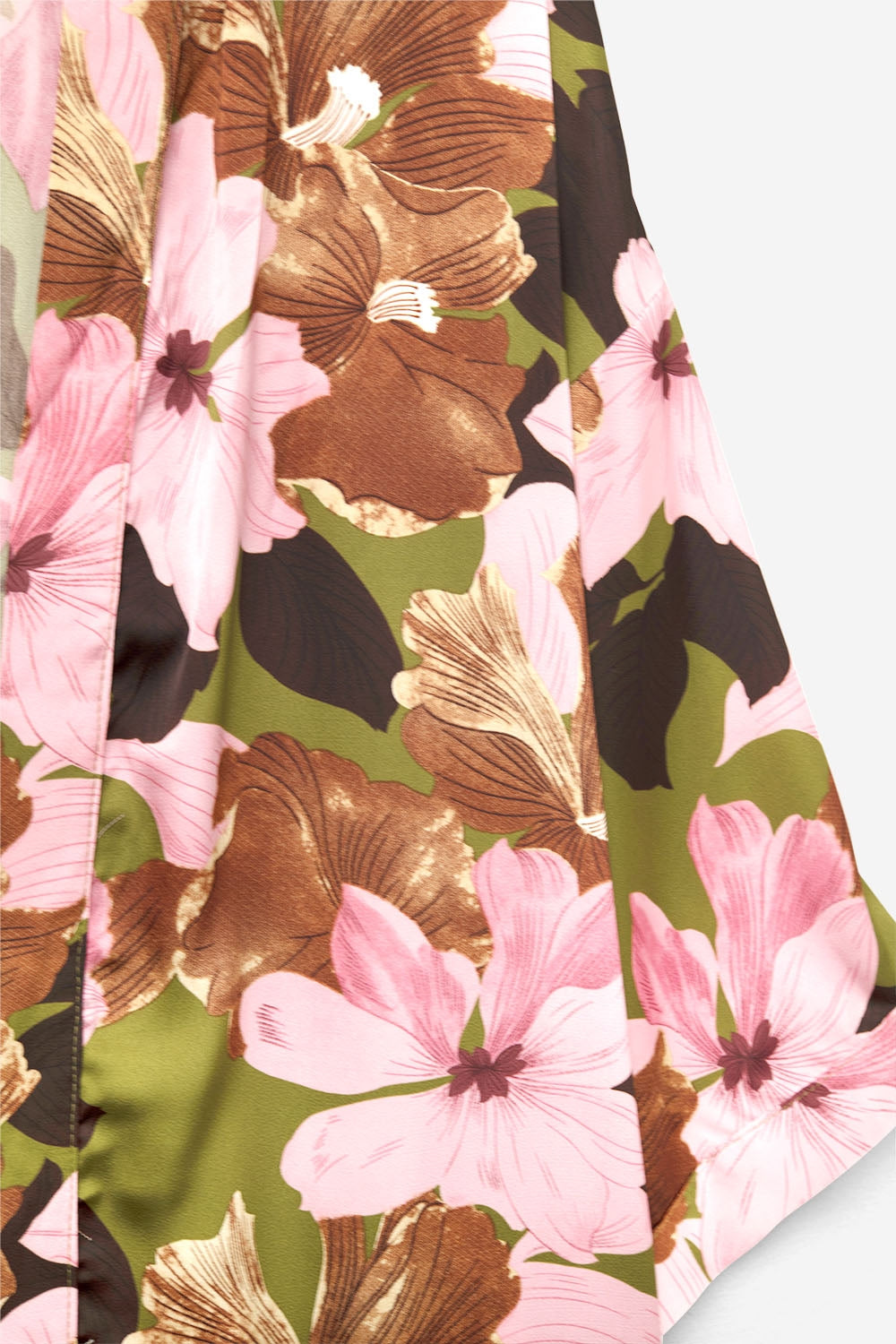 Kimono floral tropical en satin vert olive