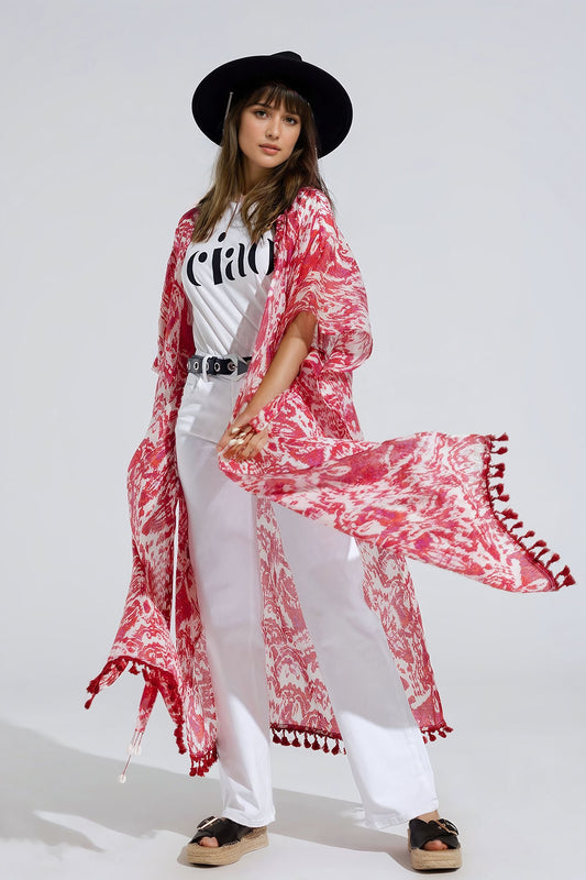 Q2 Kimono long rouge avec fermeture à cordon en imprimé tribal