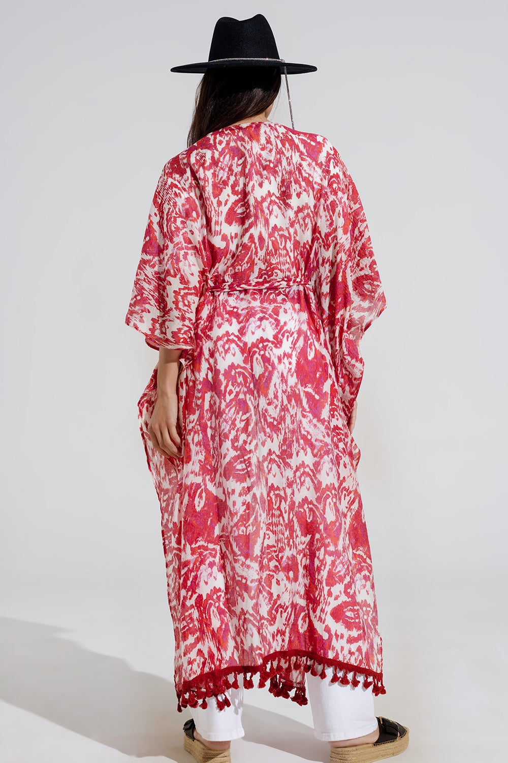 Kimono long rouge avec fermeture à cordon en imprimé tribal