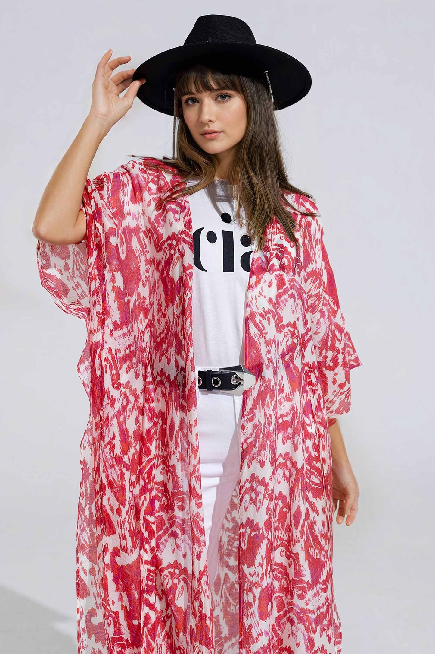 Kimono long rouge avec fermeture à cordon en imprimé tribal