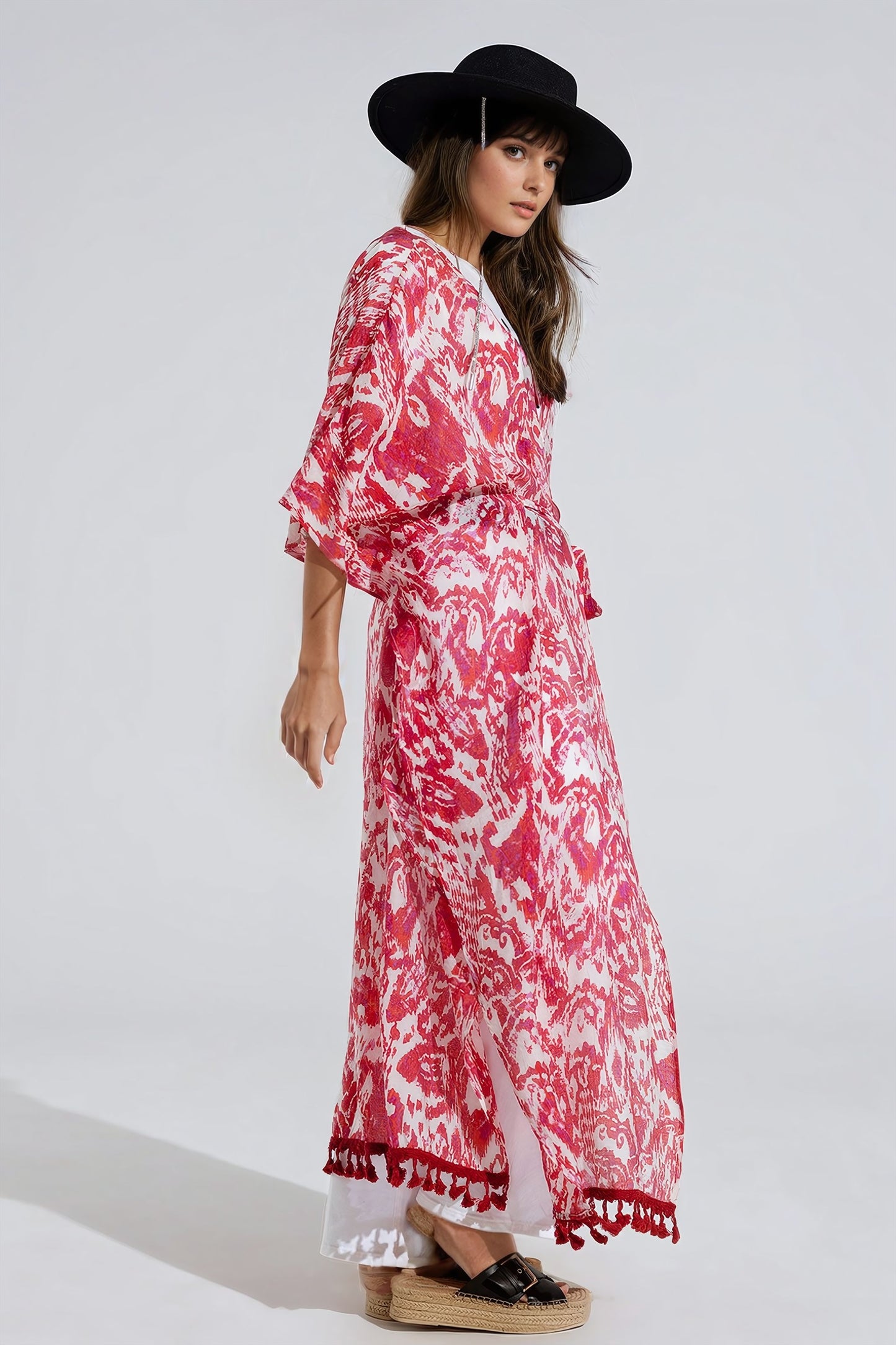 Kimono long rouge avec fermeture à cordon en imprimé tribal