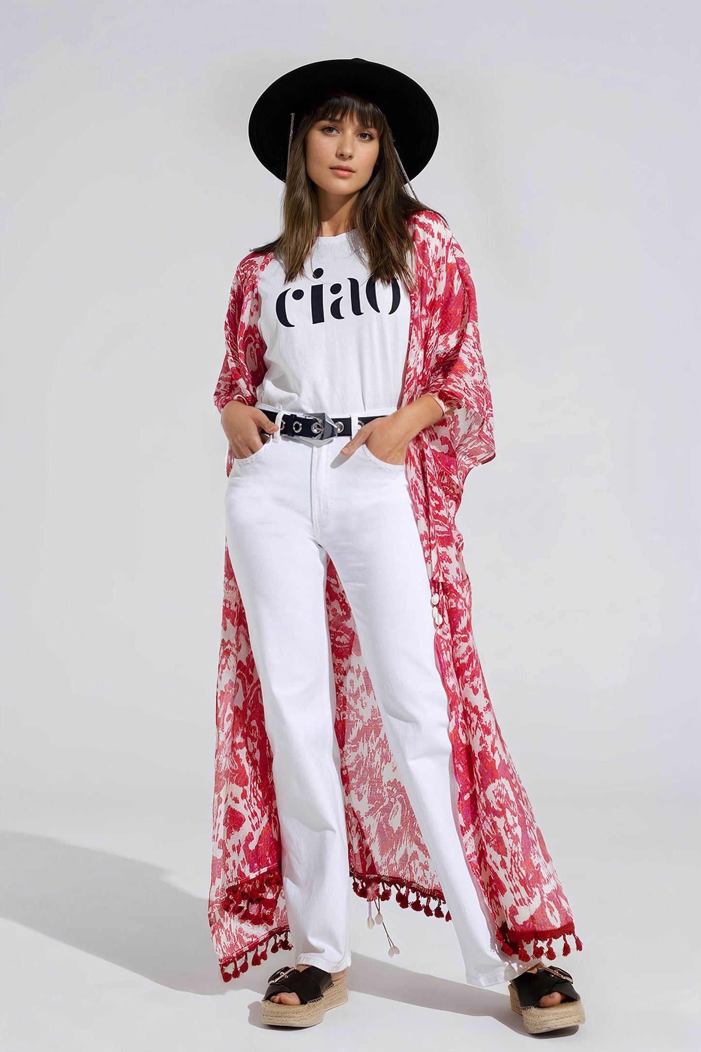 Kimono long rouge avec fermeture à cordon en imprimé tribal