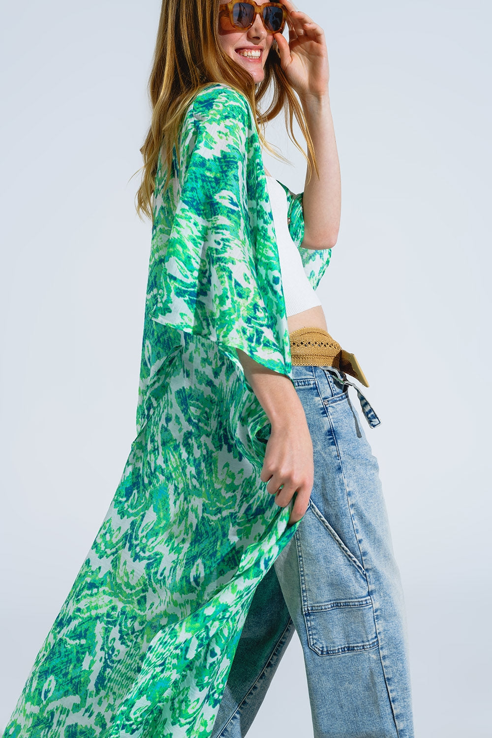 Kimono long vert avec fermeture à cordon de serrage en imprimé tribal