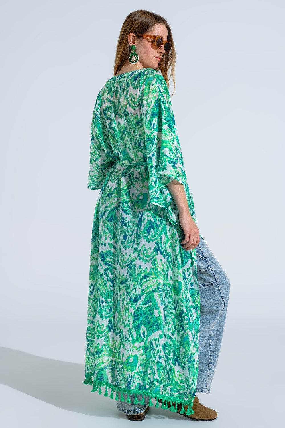 Kimono long vert avec fermeture à cordon de serrage en imprimé tribal
