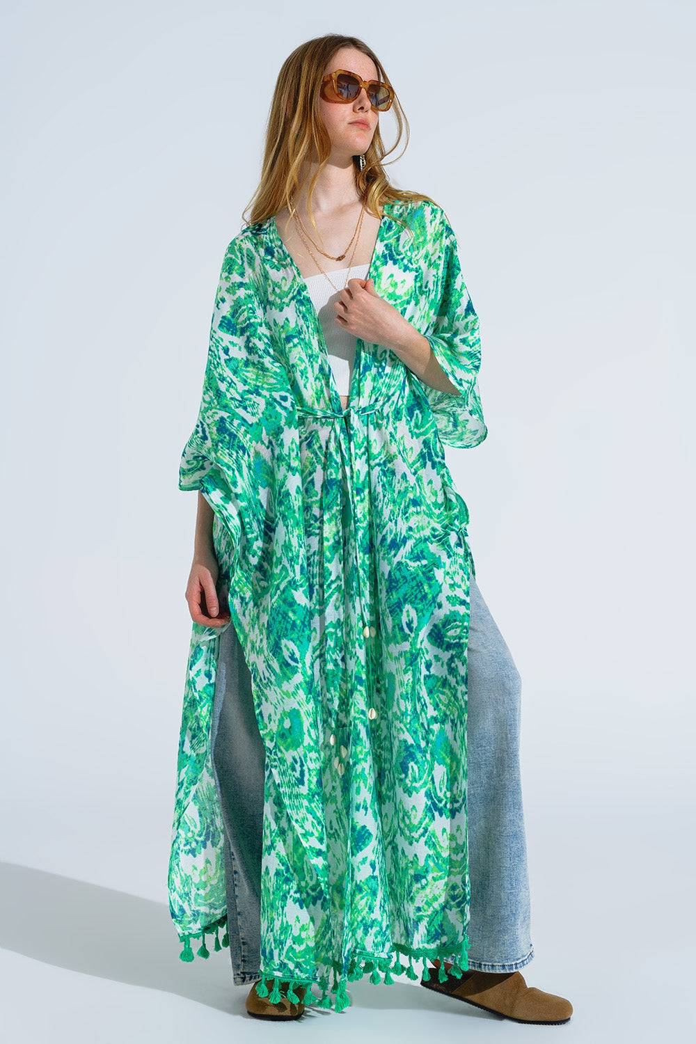 Kimono long vert avec fermeture à cordon de serrage en imprimé tribal