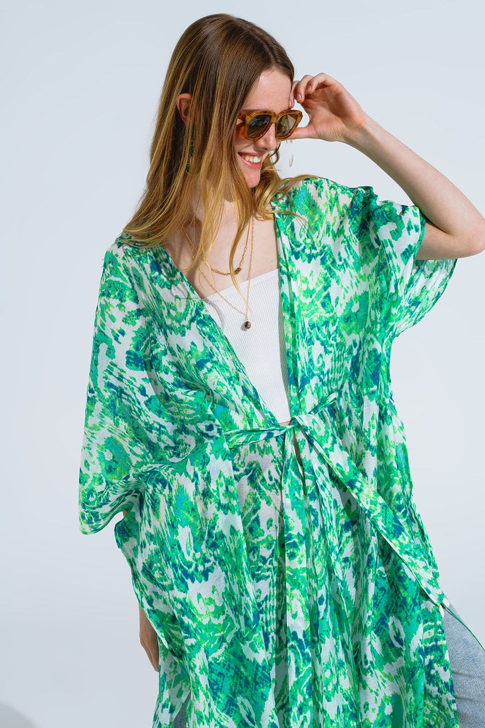 Kimono long vert avec fermeture à cordon de serrage en imprimé tribal