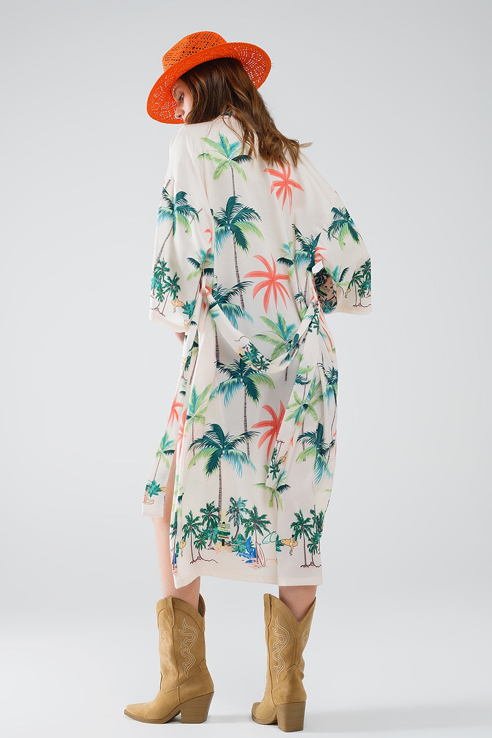 Kimono ouvert crème avec imprimé plage en longueur midi