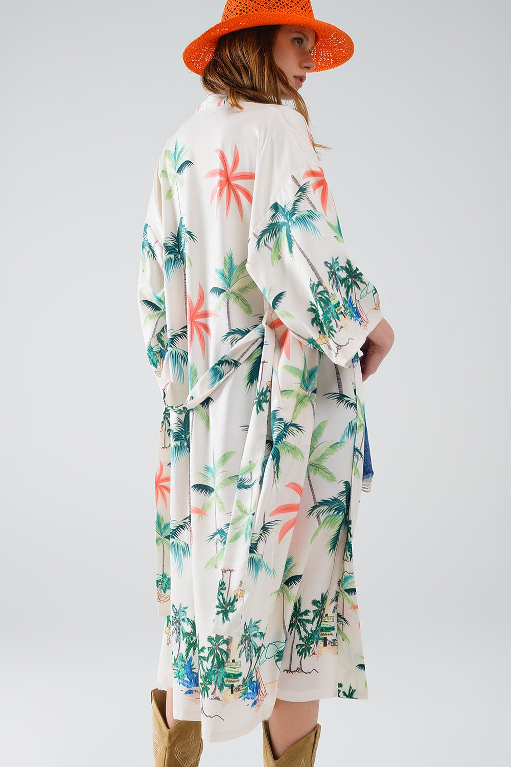 Kimono ouvert crème avec imprimé plage en longueur midi