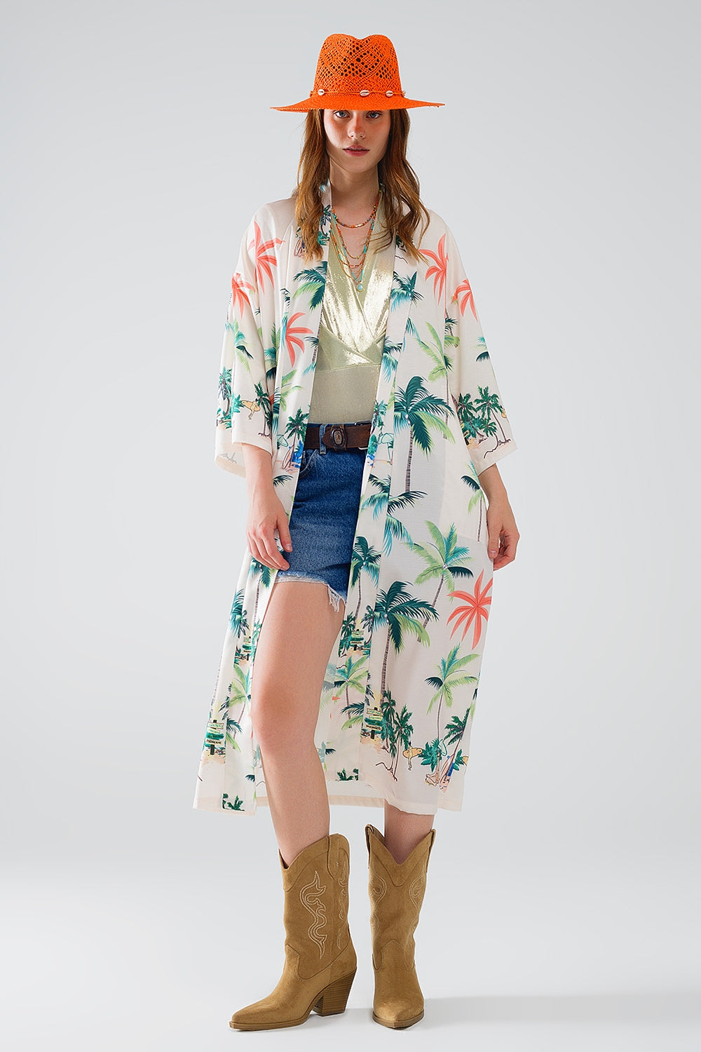 Kimono ouvert crème avec imprimé plage en longueur midi