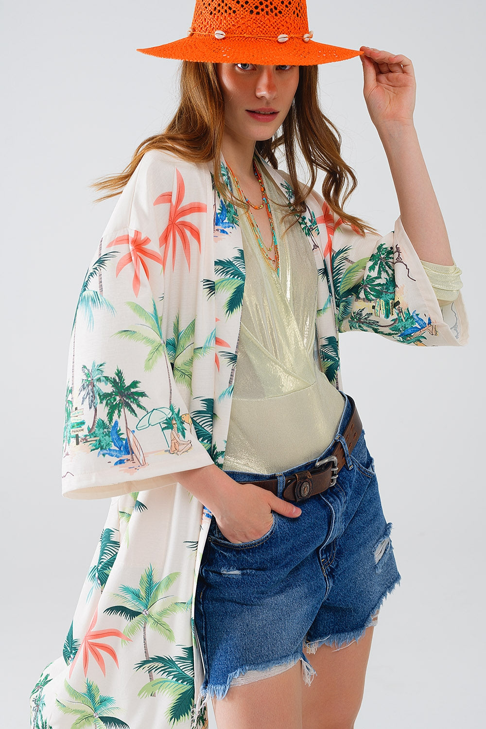 Kimono ouvert crème avec imprimé plage en longueur midi