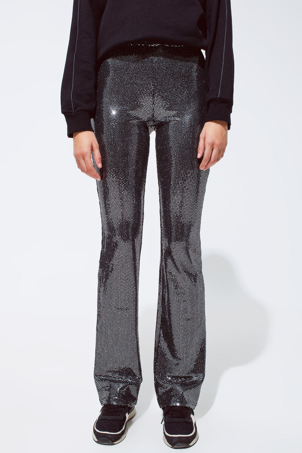 Q2 Leggings évasés en tissu métallique argenté