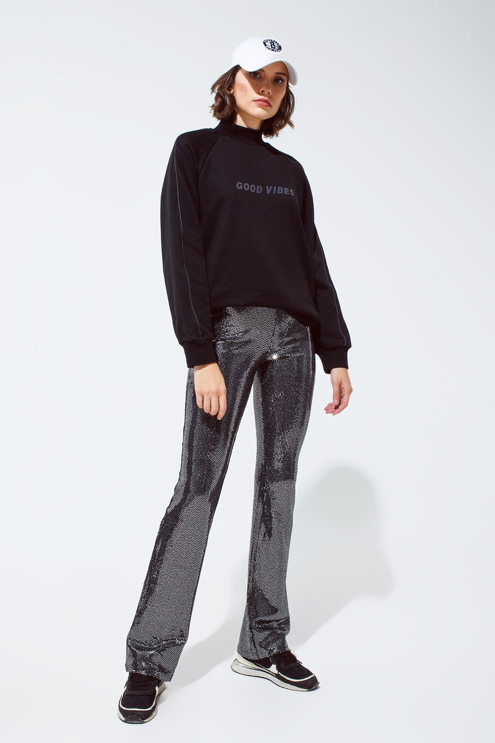 Leggings évasés en tissu métallique argenté