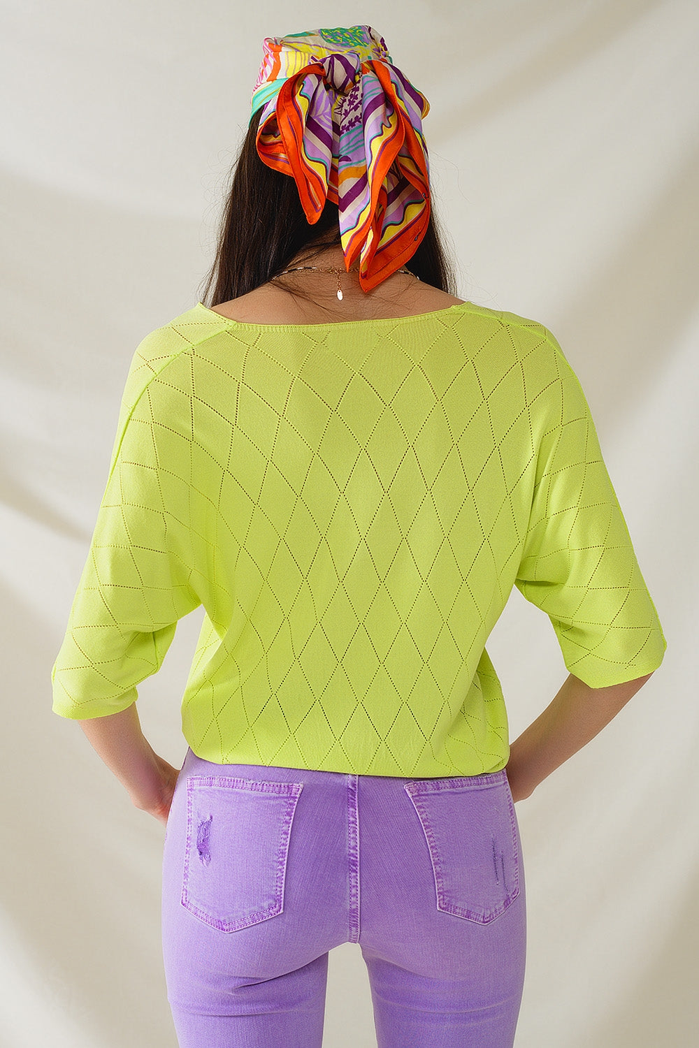 Lime Colored Short Sleeve Sweater With Argyle Pattern (Pull à manches courtes à motif argyle)