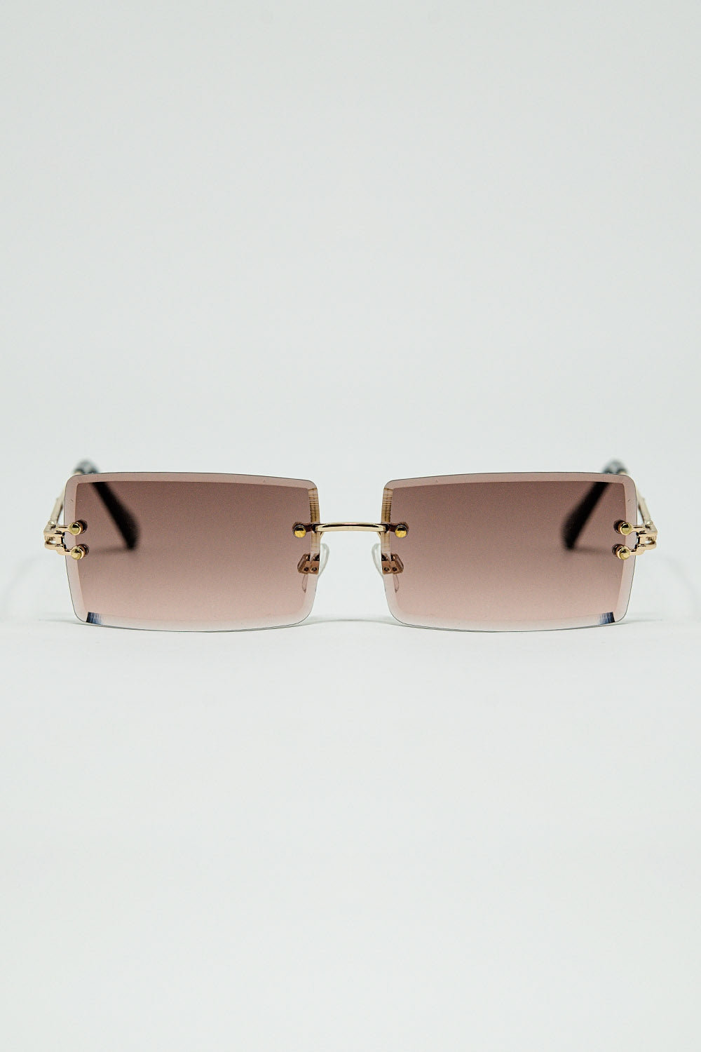 Q2 Lunettes de soleil carrées sans monture dorées et minces avec verres dégradés marron doux