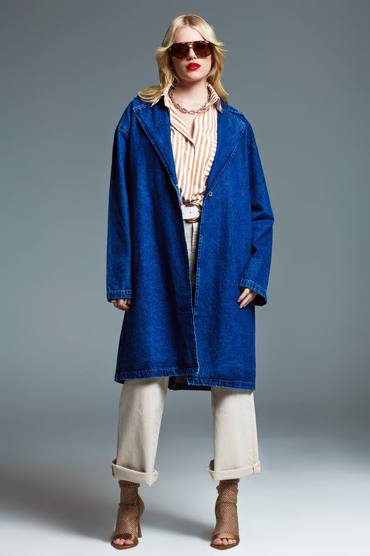 Q2 Manteau en denim surdimensionné à col large délavage moyen