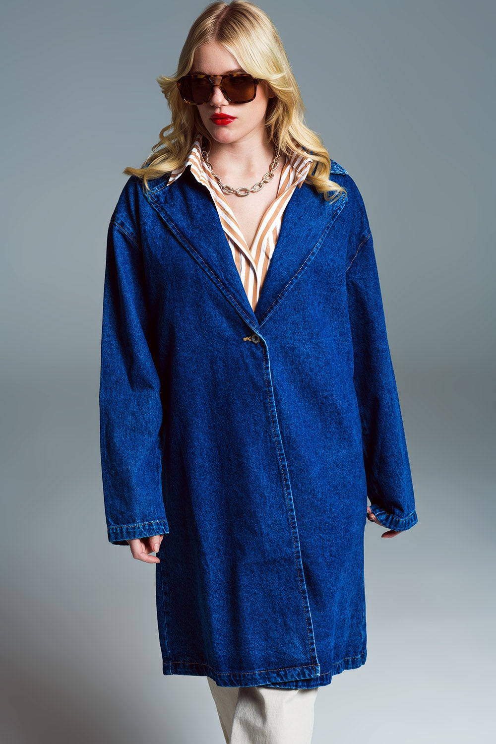 Manteau en denim surdimensionné à col large délavage moyen
