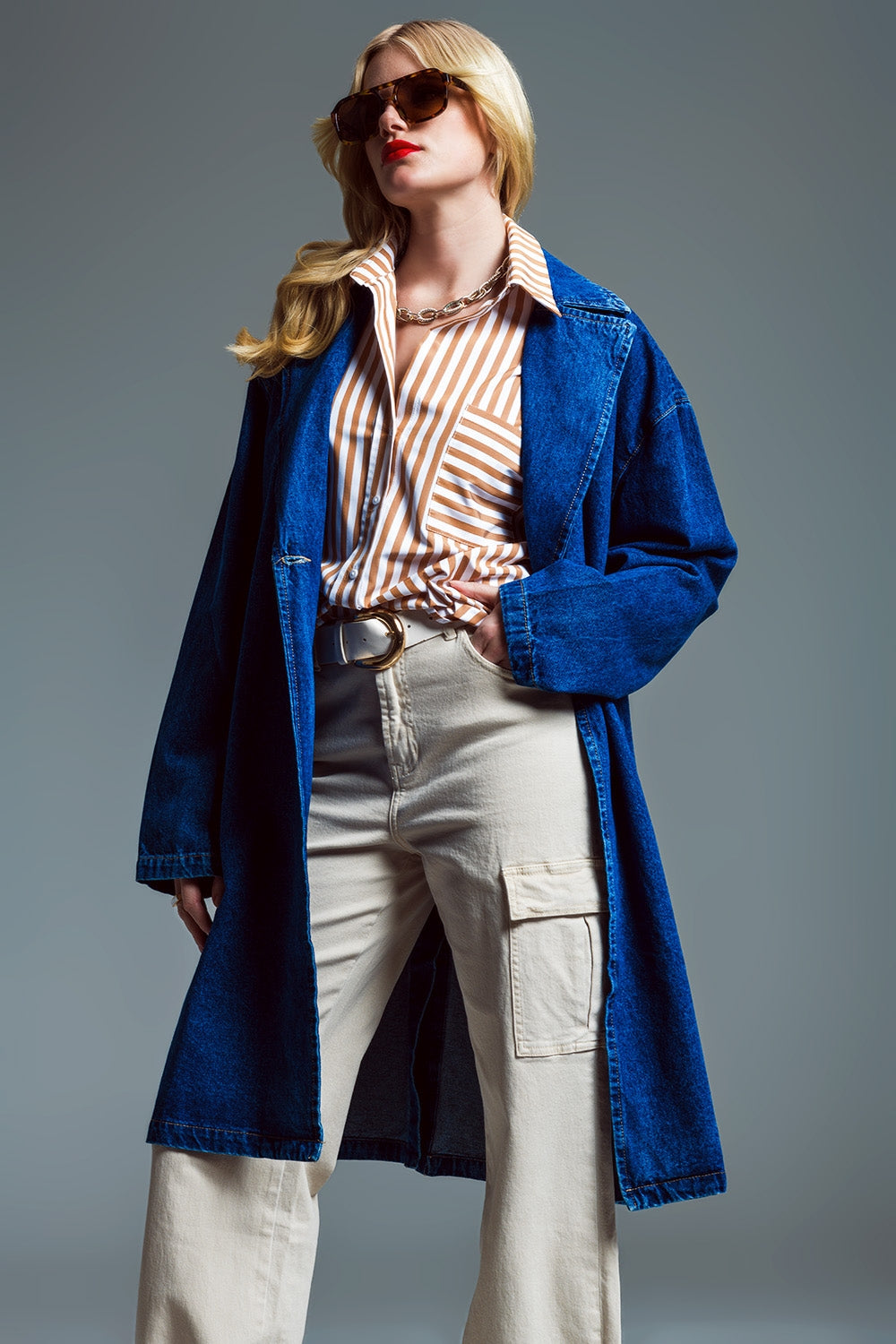 Manteau en denim surdimensionné à col large délavage moyen