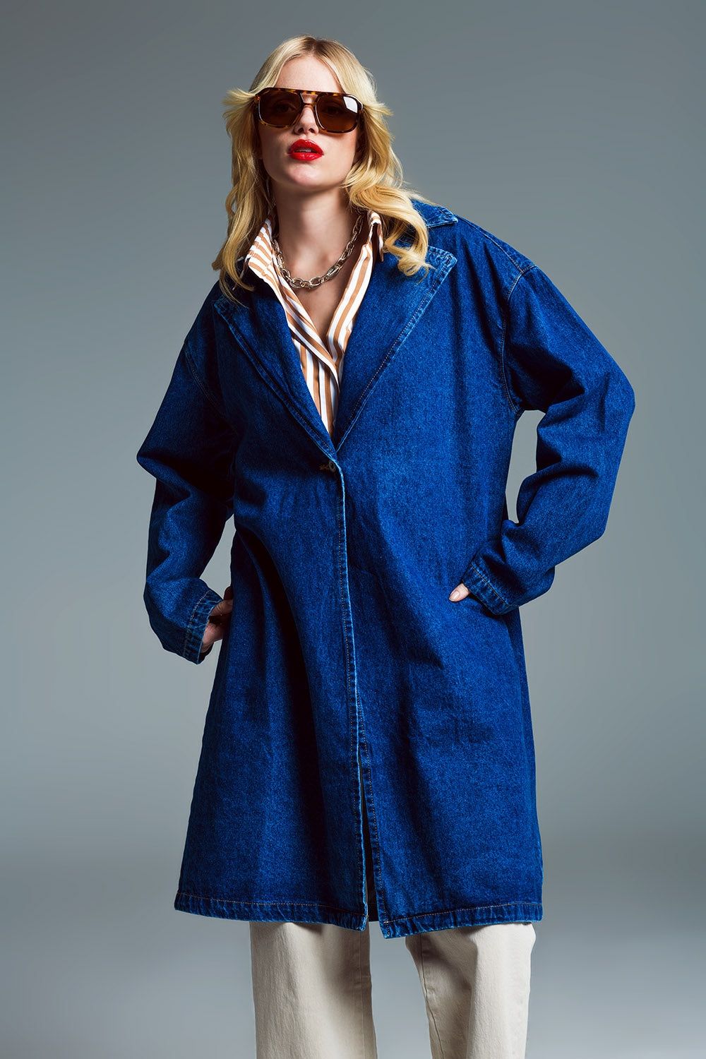 Manteau en denim surdimensionné à col large délavage moyen