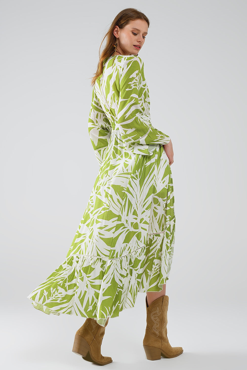 Maxi kimono vert avec imprimé palmier tropical